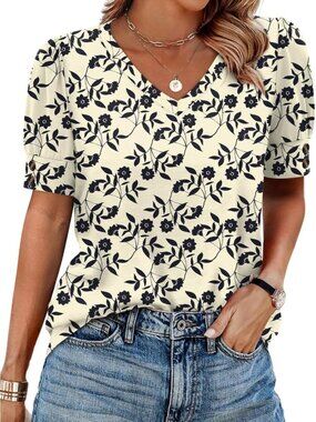 Women's Beige Floral V-neck Puff Short Sleeve Button Cuff Summer Casual Tee Top